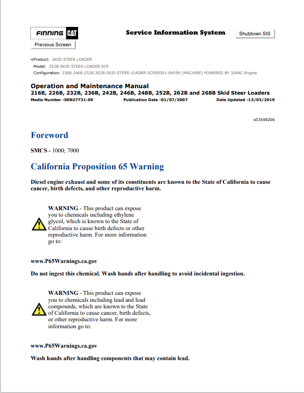 Caterpillar Cat 252B Skid Steer Loader Operation and Maintenance Manual PDF | S/N SCP