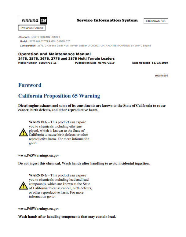 Caterpillar Cat 267B Multi Terrain Loader Operation and Maintenance Manual PDF | S/N CYC