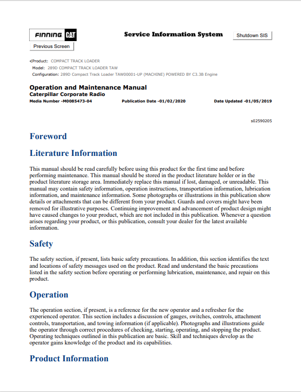 Caterpillar Cat 289D Compact Track Loader Operation and Maintenance Manual PDF | S/N TAW
