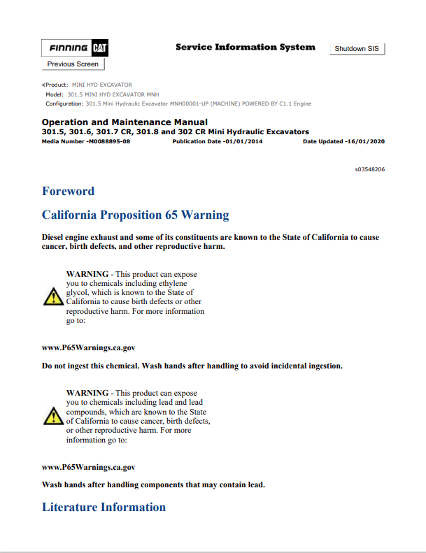 Caterpillar Cat 301.5 Mini HYD Excavator Operation and Maintenance Manual PDF | S/N MNH