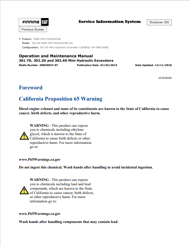 Caterpillar Cat 302.4D Mini HYD Excavator Operation and Maintenance Manual PDF | S/N LJ6