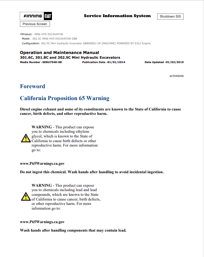 Caterpillar Cat 302.5C Mini HYD Excavator Operation and Maintenance Manual PDF | S/N GBB