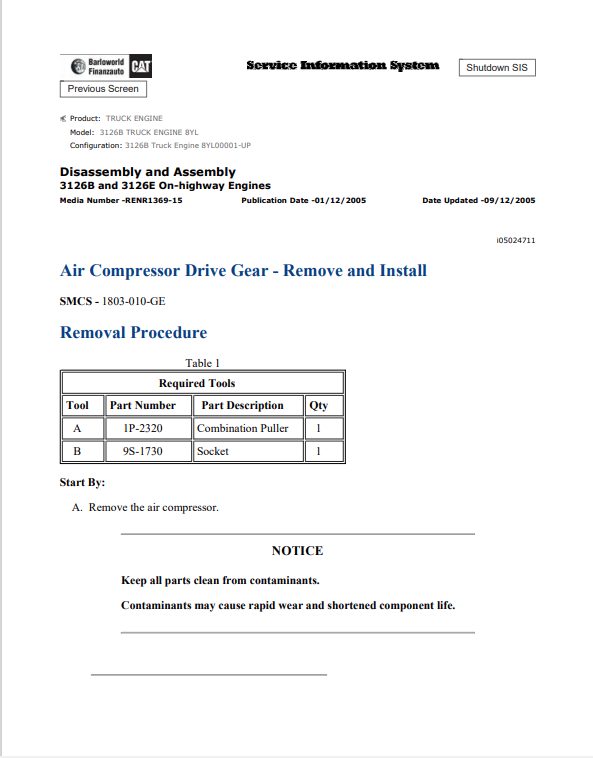 Caterpillar Cat 3126B Truck Engine Service and Repair Manual PDF | S/N 8YL