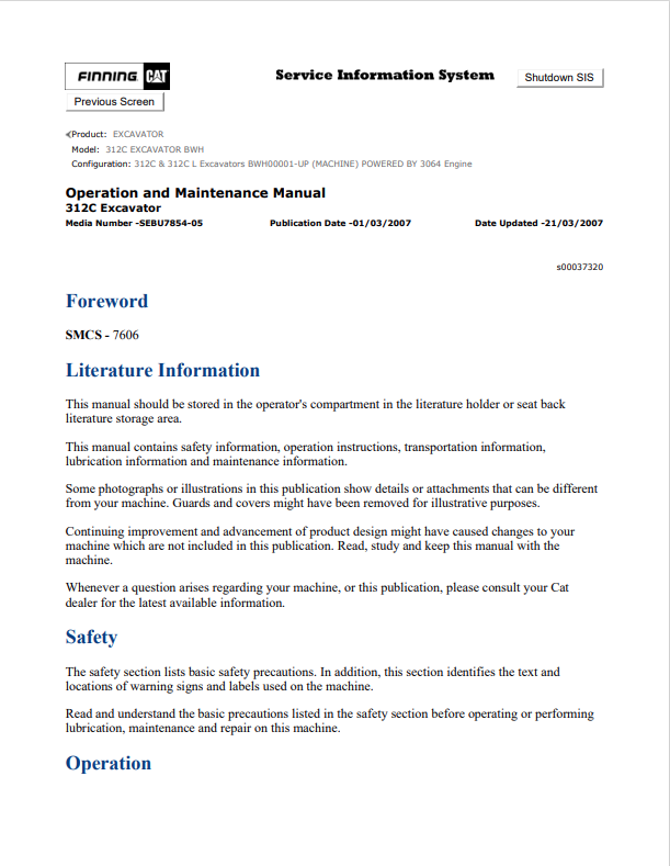 Caterpillar Cat 312C Excavator Operation and Maintenance Manual PDF | S/N BWH