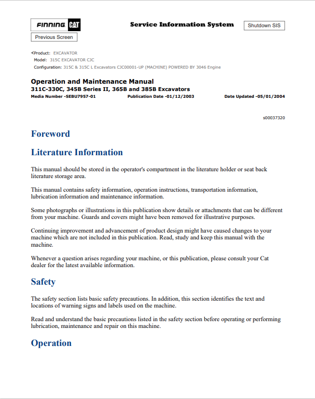Caterpillar Cat 315C Excavator Operation and Maintenance Manual PDF | S/N CJC