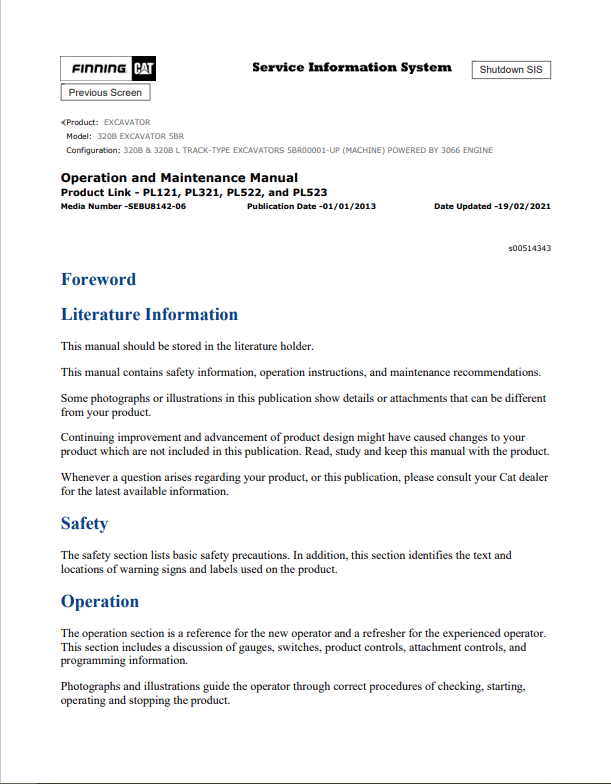 Caterpillar Cat 320B Excavator Operation and Maintenance Manual PDF | S/N 5BR