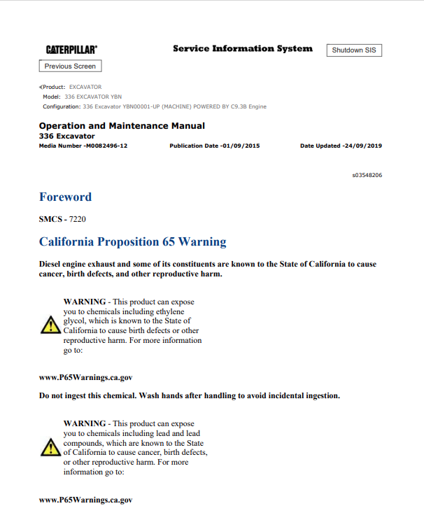 Caterpillar Cat 336 Excavator Operation and Maintenance Manual PDF | S/N YBN