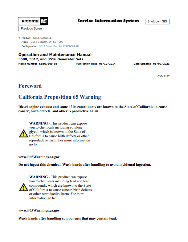 Caterpillar Cat 3512 Generator Set Operation and Maintenance Manual PDF | S/N CMJ