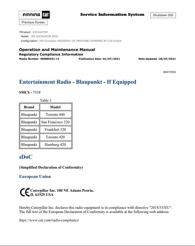 Caterpillar Cat 395 Excavator Operation and Maintenance Manual PDF | S/N WGA