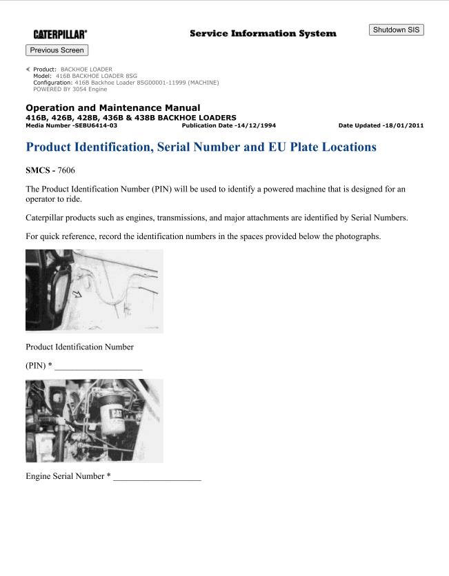 Caterpillar Cat 416B Backhoe Loader Operation and Maintenance Manual PDF | S/N 8SG