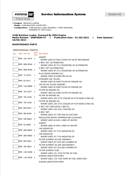 Caterpillar Cat 416B Backhoe Loader Parts Catalogue Manual PDF | S/N 8SG