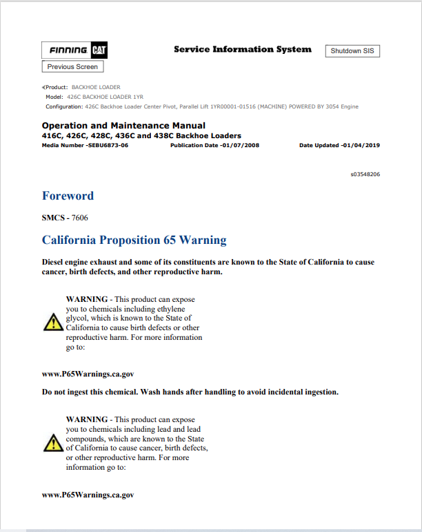 Caterpillar Cat 426C Backhoe Loader Operation and Maintenance Manual PDF | S/N 1YR