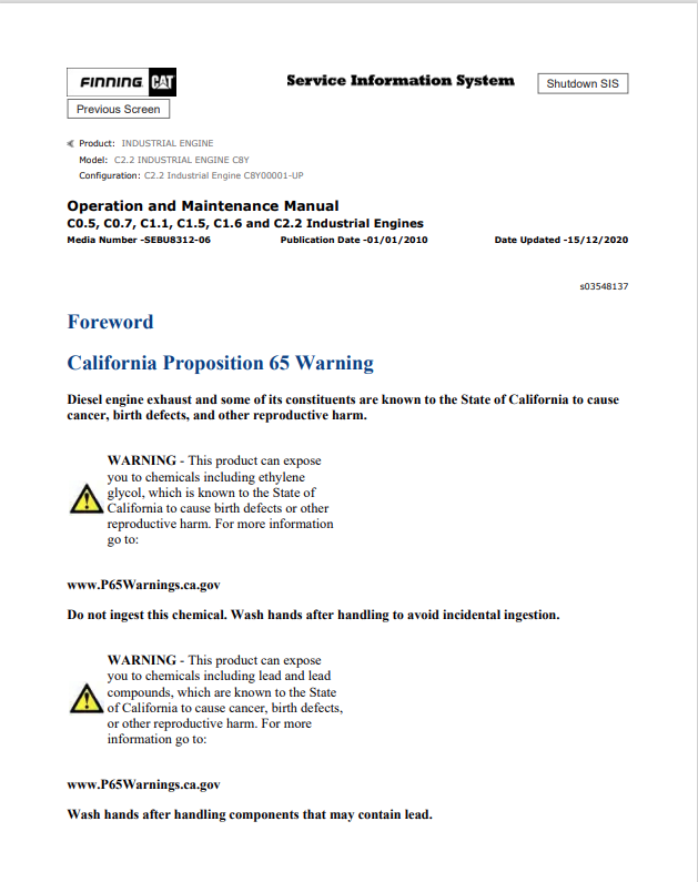 Caterpillar Cat C2.2 Industrial Engine Operation and Maintenance Manual PDF | S/N C8Y