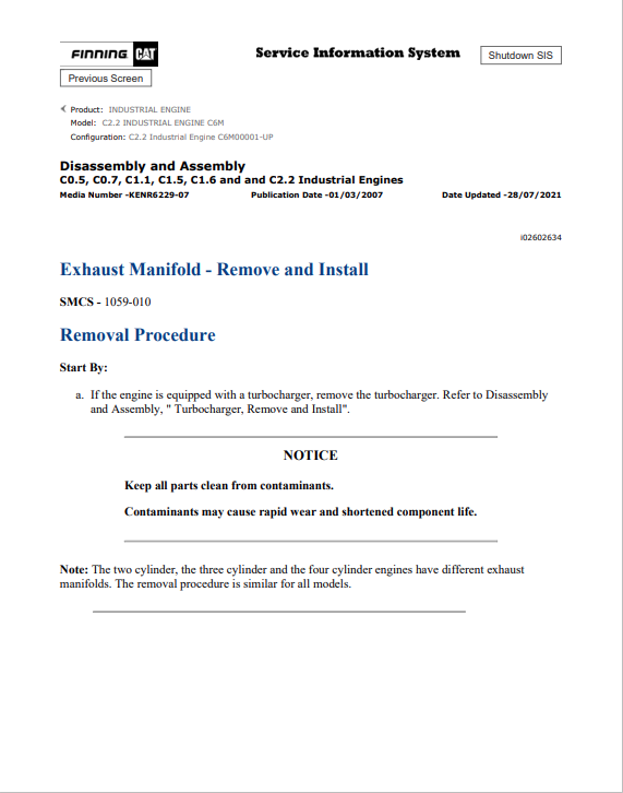 Caterpillar Cat C2.2 Industrial Engine Service and Repair Manual PDF | S/N C6M