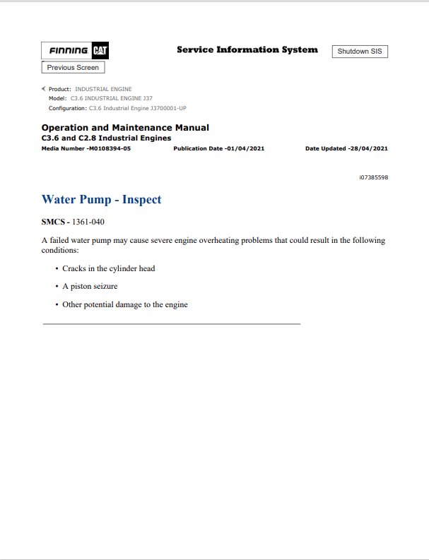 Caterpillar Cat C3.6 Industrial Engine Operation and Maintenance Manual PDF | S/N J37