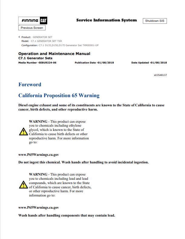 Caterpillar Cat C7.1 Generator Set Operation and Maintenance Manual PDF | S/N TXR