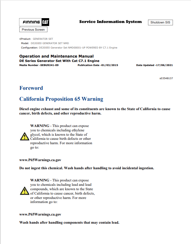 Caterpillar Cat DE200E0 Generator Set Operation and Maintenance Manual PDF | S/N NMD
