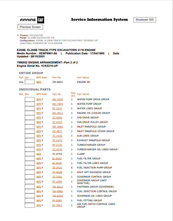 Caterpillar Cat EL200B Excavator Parts Catalogue Manual PDF | S/N 7DF