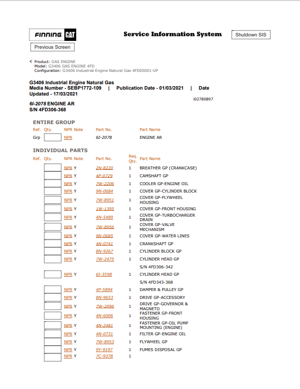Caterpillar Cat G3406 Gas Engine Parts Catalogue Manual PDF | S/N 4FD
