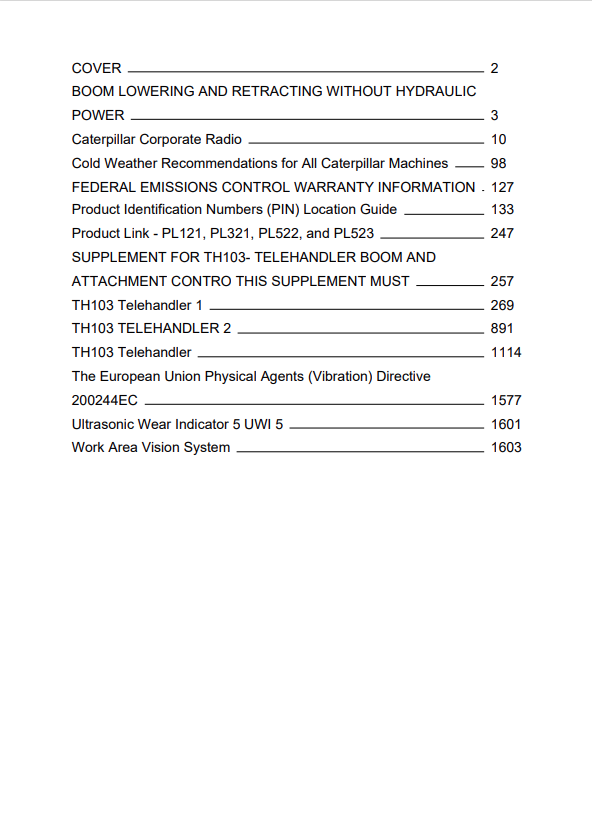 Caterpillar Cat TH103 Telehandler Operation and Maintenance Manual PDF | S/N 3PN