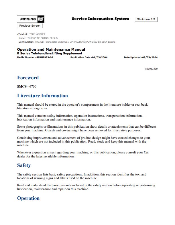 Caterpillar Cat TH330B Telehandler Operation and Maintenance Manual PDF | S/N SLB