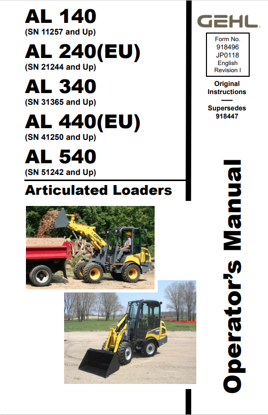 GEHL AL 140, AL 240, AL 340, AL 440, AL 540 ARTICULATED LOADER OPERATOR MANUAL 918496 - PDF