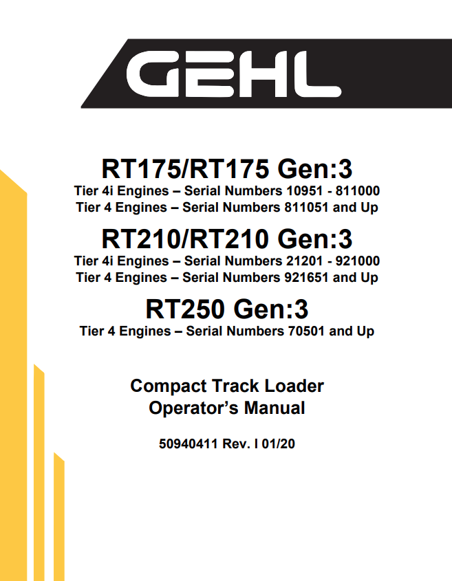 GHEL RT175, RT175 GEN:3, RT210, RT210 GEN:3, RT250 GEN:3 COMPACT TRACK LOADER OPERATOR MANUAL 50940411 - PDF