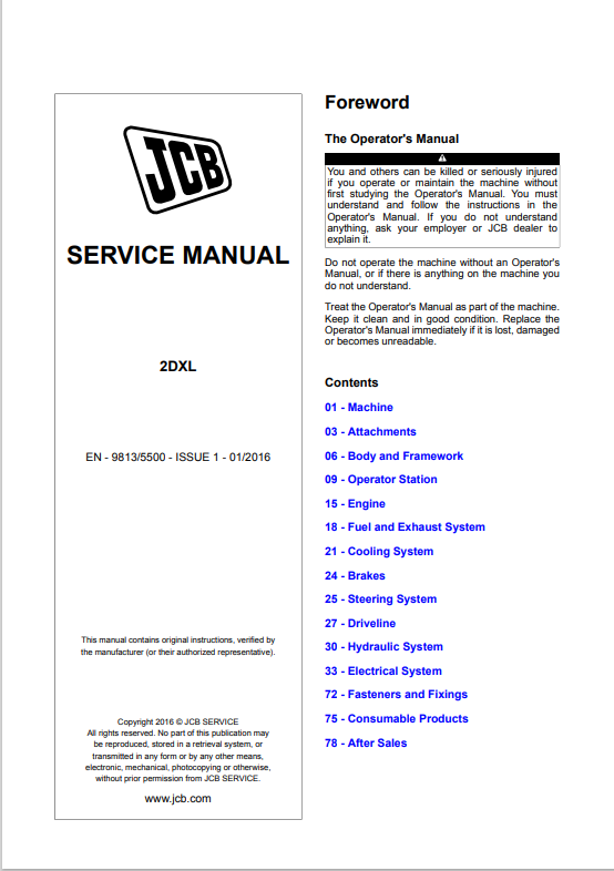 JCB 2DXL Service Manual 9813/5500 PDF