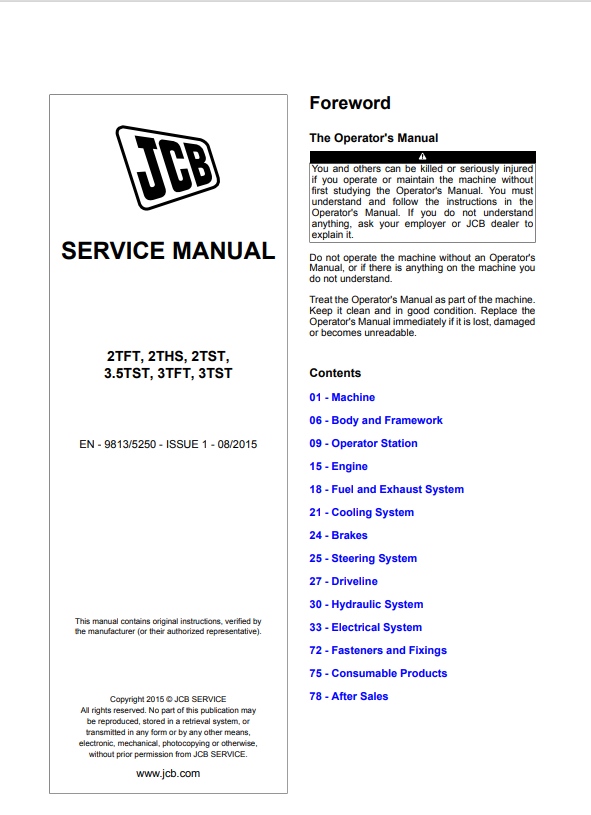 JCB 2TFT, 2THS, 2TST, 3.5TST, 3TFT, 3TST Service Manual 9813/5250 PDF