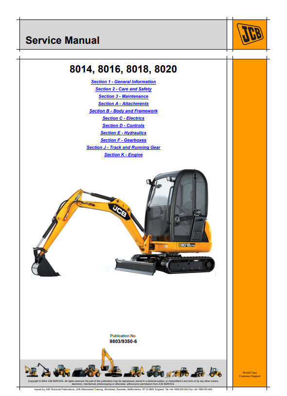 JCB 8014, 8016, 8018, 8020 Service Manual 9803/9350-6 PDF