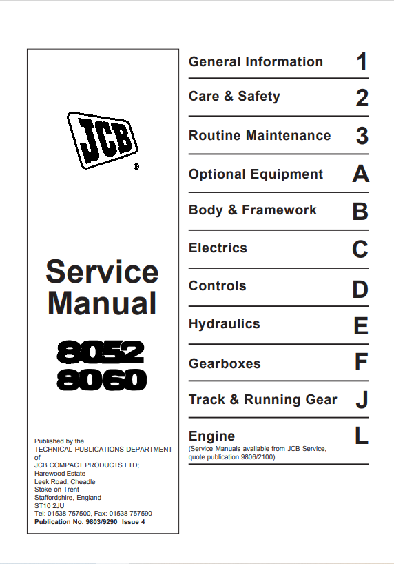 JCB 8052, 8060 Service Manual 9803/9290 PDF