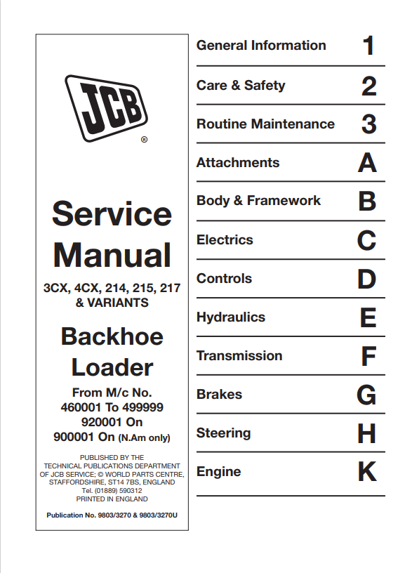 JCB Backhoe Loader 3CX, 4CX, 214, 215, 217 & Variants Service Manual 9803/3270 & 9803/3270U PDF