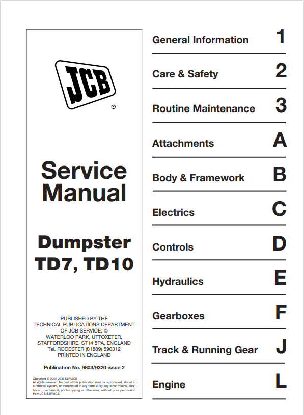 JCB Dumpster TD7, TD10 Service Manual 9803/9320 PDF