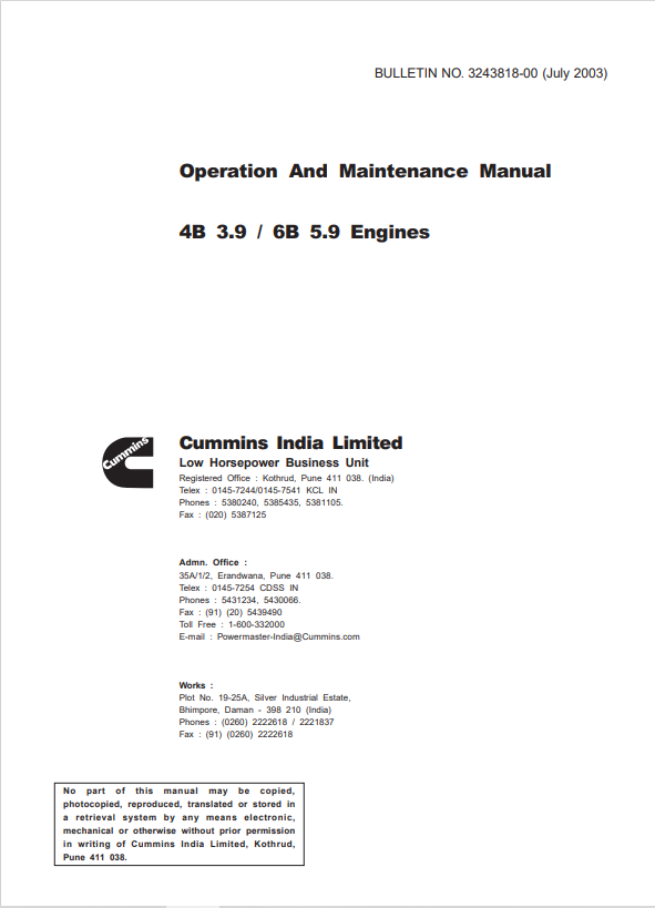 JCB Engine 4B 3.9, 6B 5.9 Operation And Maintenance Manual 3243818-00 PDF