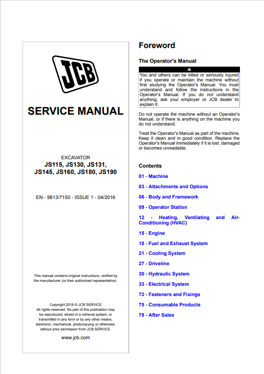 JCB Excavator JS115, JS130, JS131, JS145, JS160, JS180, JS190 Service Manual 9813/7150 PDF