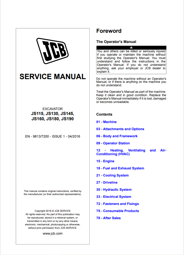 JCB Excavator JS115, JS130, JS131, JS145, JS160, JS180, JS190 Service Manual 9813/7200 PDF
