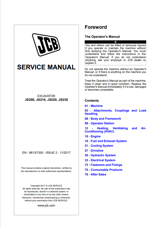JCB Excavator JS200, JS210, JS220, JS235 Service Manual 9813/7300 PDF