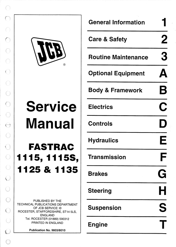 JCB FASTRAC 1115, 1115S, 1125 And 1135 Service Manual 9803/8010 PDF