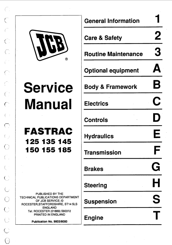 JCB FASTRAC 125, 135, 145, 150, 155, 185 Service Manual 9803/8000 PDF