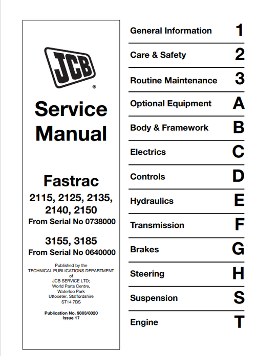 JCB FASTRAC 2115, 2125, 2135, 2140, 2150, 3155, 3185 Service Manual 9803/8020 PDF