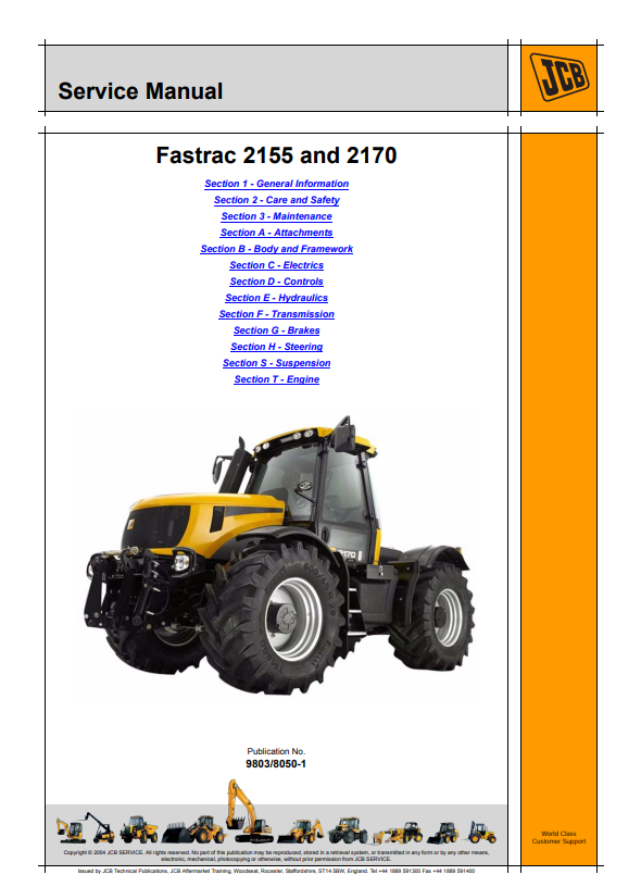 JCB FASTRAC 2155 And 2170 Service Manual 9803/8050-1 PDF