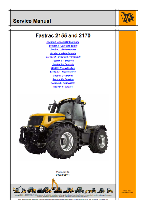 JCB FASTRAC 2155 And 2170 Service Manual 9803/8050-1 PDF