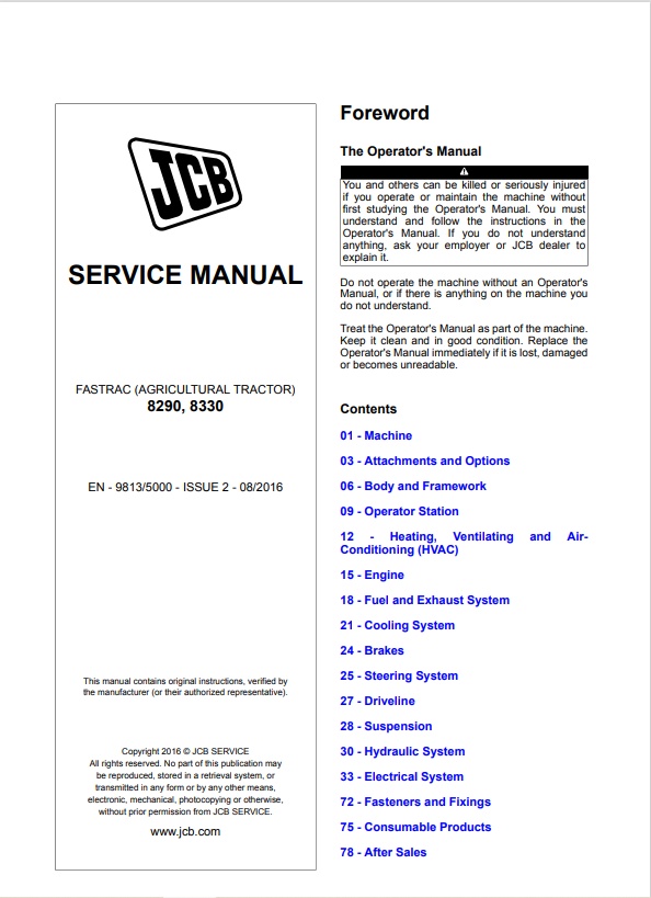 JCB FASTRAC 8290, 8330 Service Manual 9813/5000 PDF
