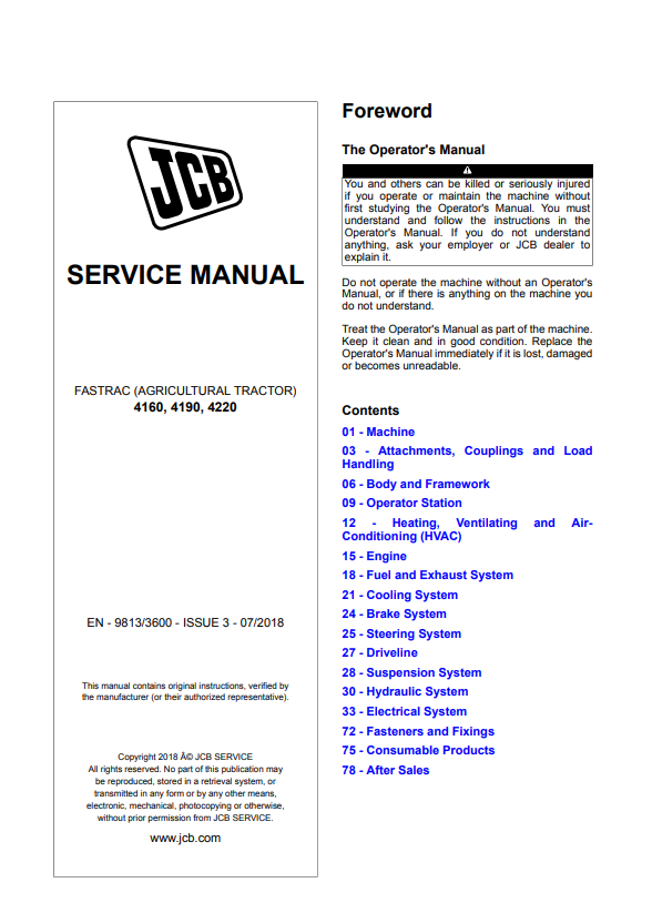 JCB Fastrac Agricultural Tractor 4160, 4190, 4220 Service Manual 9813/3600 PDF