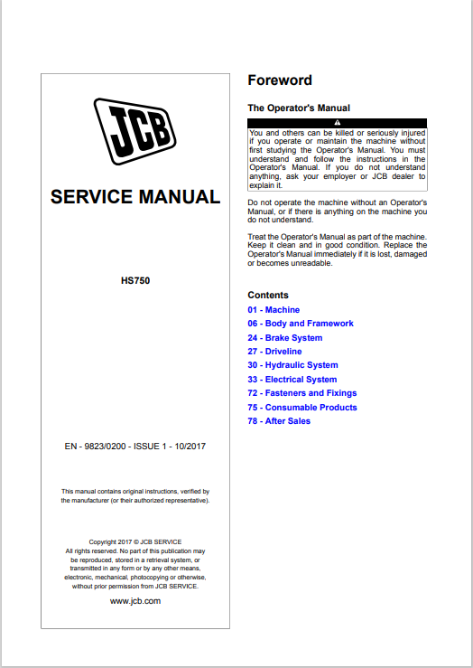 JCB HS750 Service Manual 9823/0200 PDF