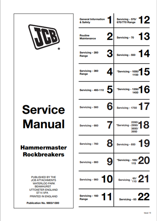 JCB Hammermaster Rockbreakers Service Manual 9803/1300 PDF