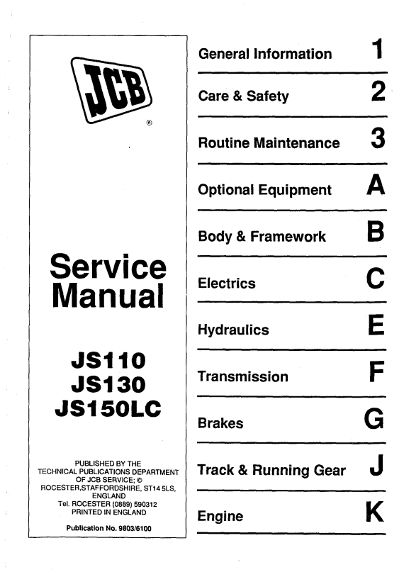JCB JS110, JS130, JS150LC Service Manual 9803/6100 PDF