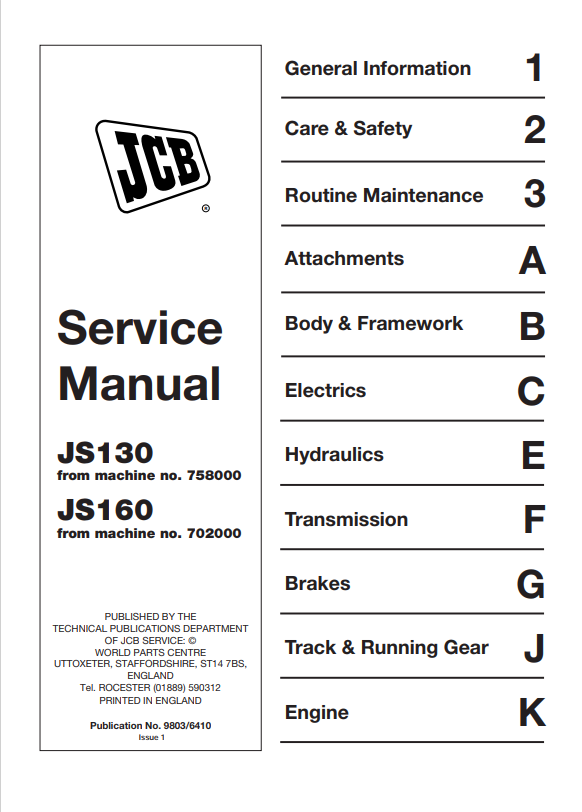 JCB JS130, JS160 Service Manual 9803/6410 PDF
