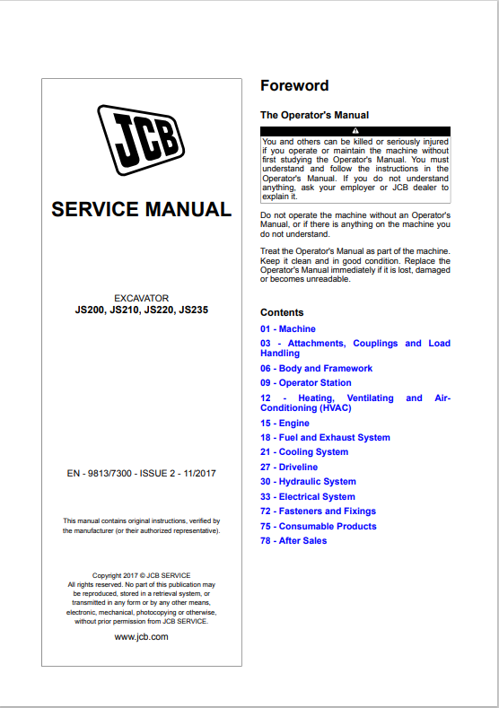 JCB  JS200, JS210, JS220, JS235 Service Manual 9813/7300
