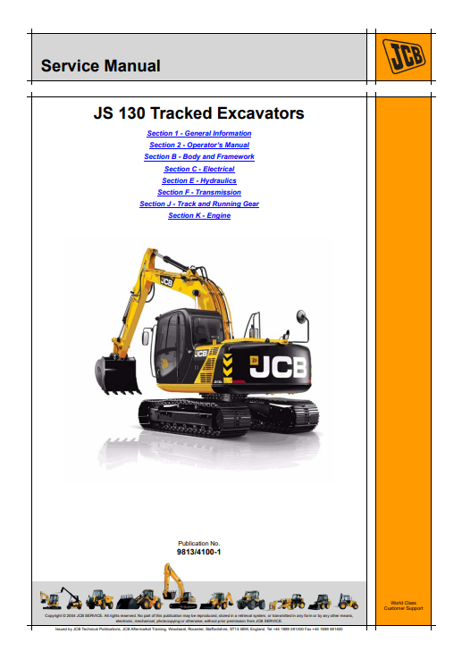 JCB JS 130 Series Tracked Excavator Service Manual 9813/4100-1 PDF